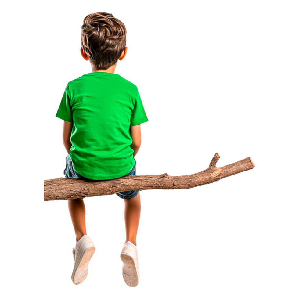 Young Boy Sitting on Tree Branch with Green Shirt and Light Pants png