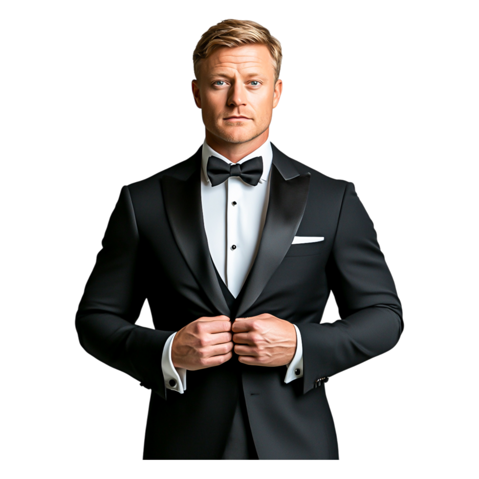 Elegant man in black tuxedo with bow tie posing confidently png