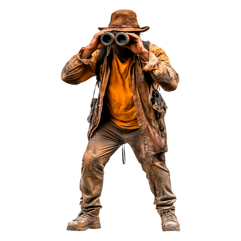 Adventurous Explorer with Binoculars in Tattered Clothing Outdoors png