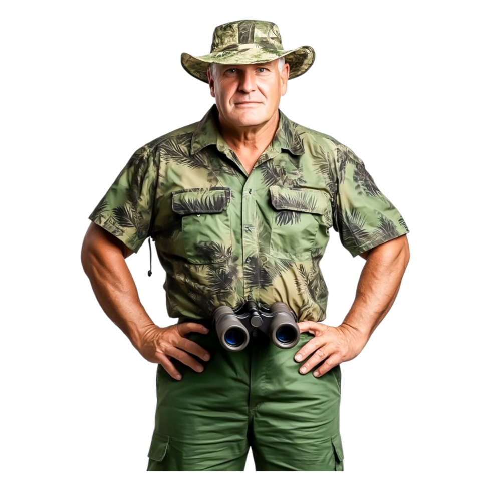 Confident Male Ranger in Camouflage Outfit with Binoculars in Nature png