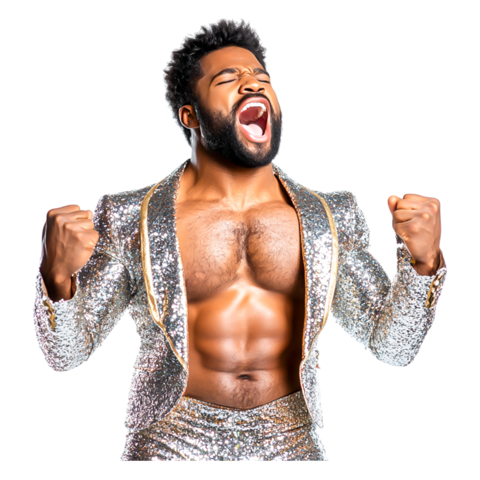 Energetic Performer Celebrating with Fists Raised in Sparkly Jacket png