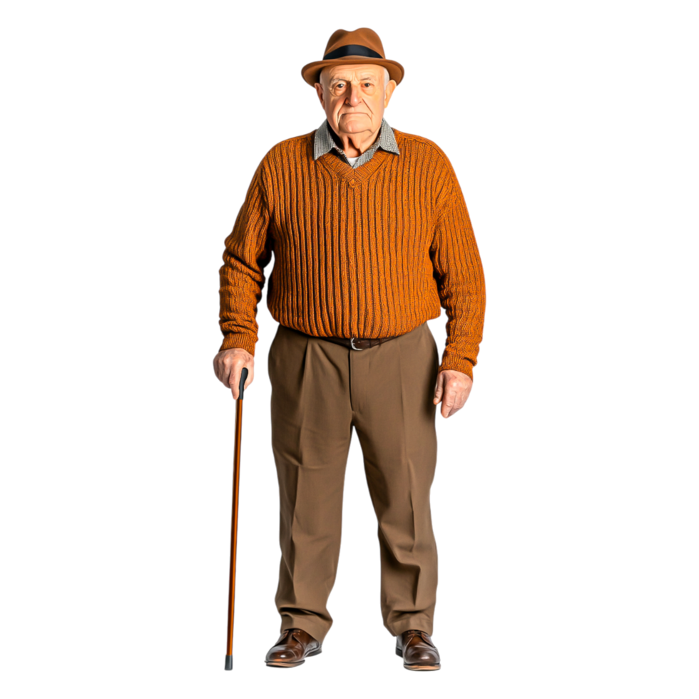 Elderly Man in Sweater and Hat Standing with a Cane Against png