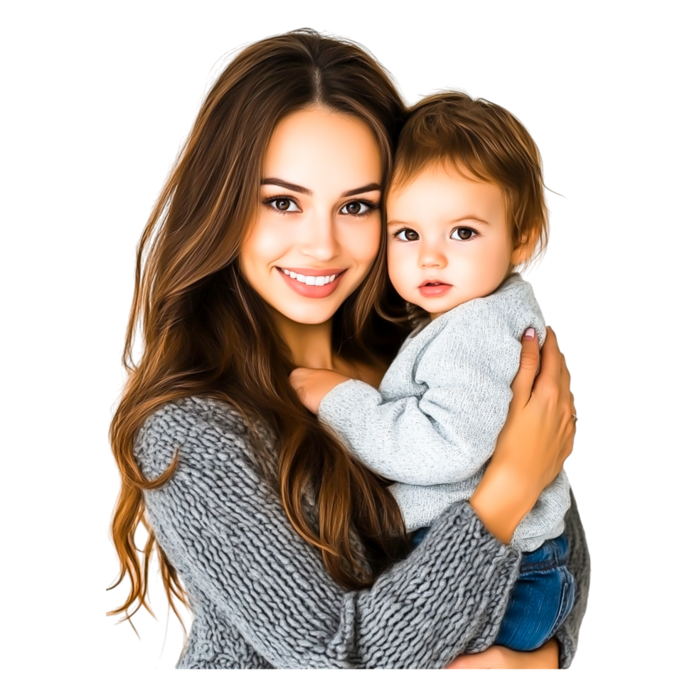 Smiling Mother Embracing Toddler in Cozy Sweater Setting png