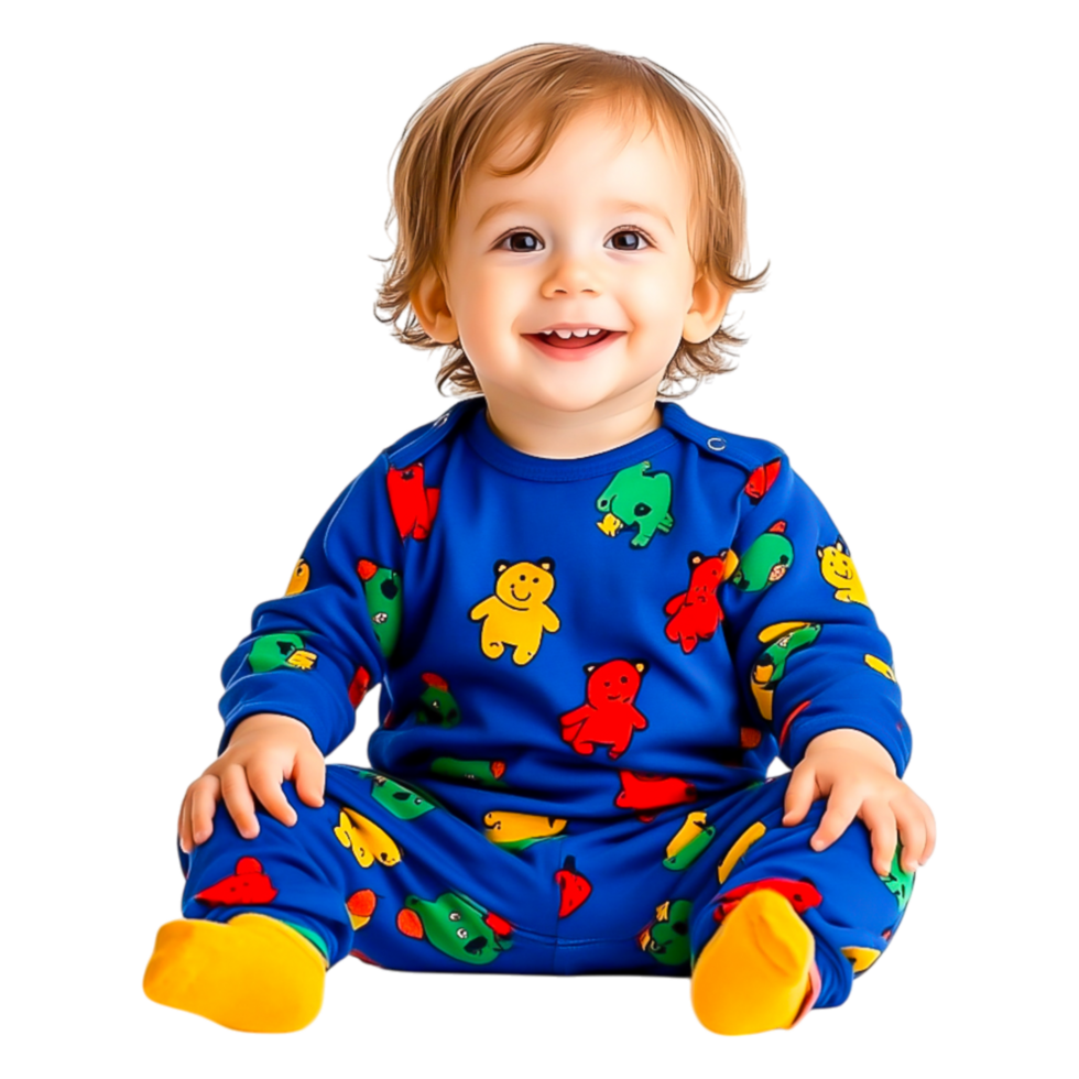 Happy Toddler in Colorful Cartoon Animal Pajamas Smiling Joyfully png