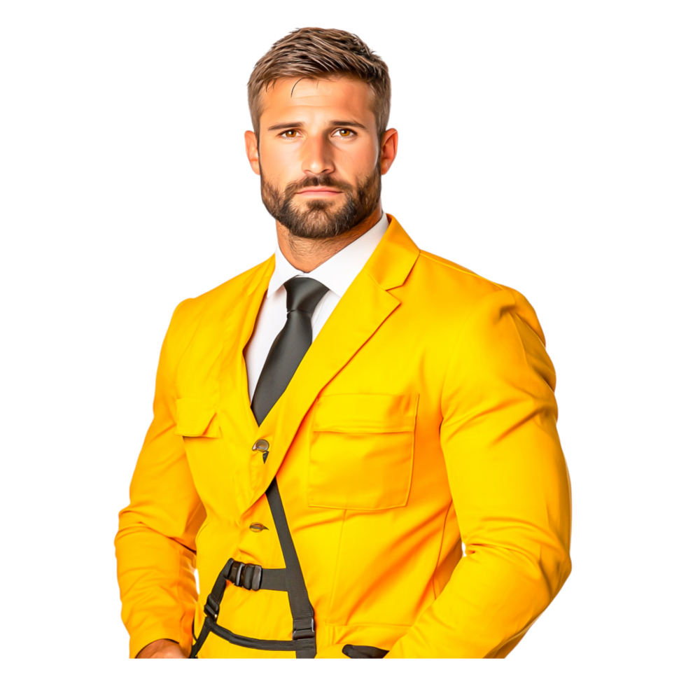 Confident Man in Stylish Yellow Suit with Tie and Serious Expression png