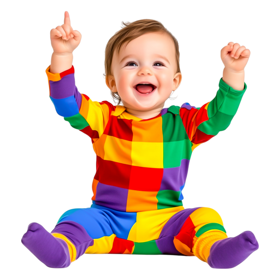 Happy Baby in Colorful Outfit Celebrating with Joyful Expression png