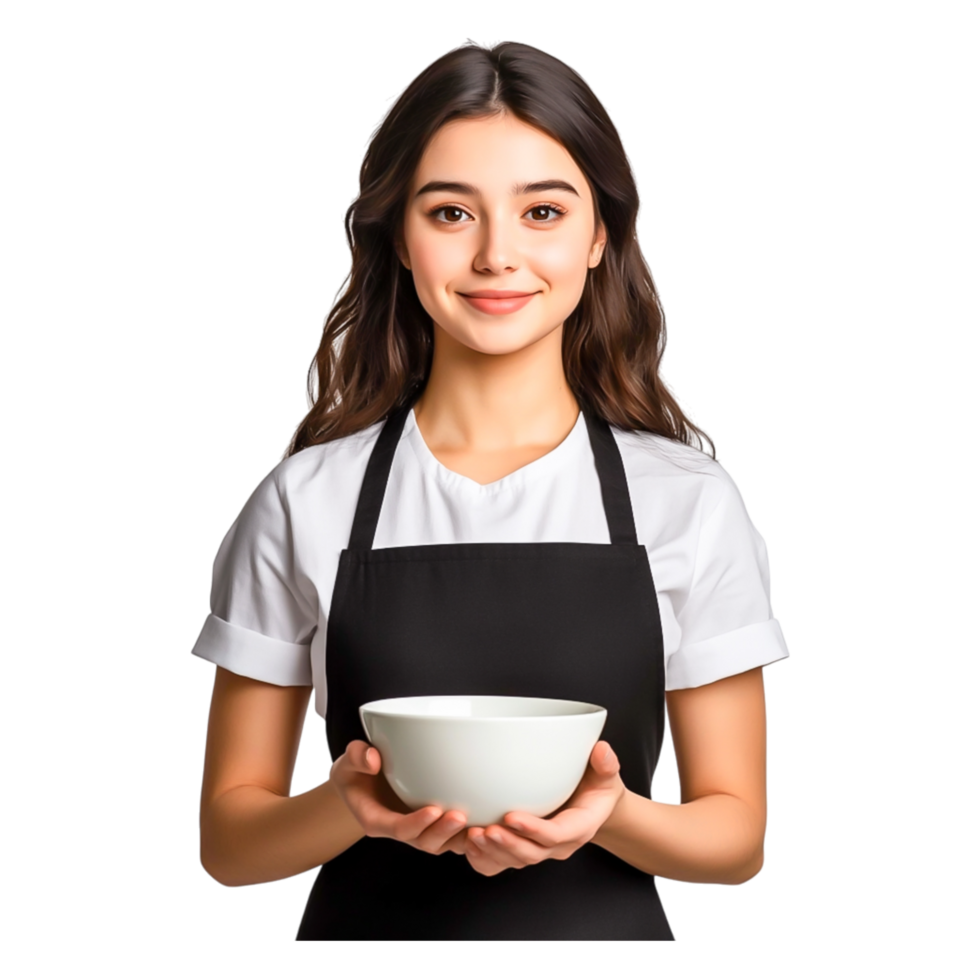 Smiling Young Woman Holding White Bowl in Kitchen Environment png
