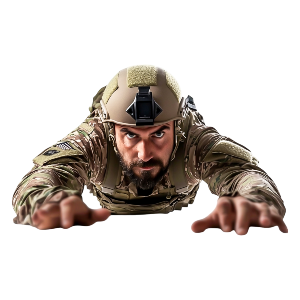 Soldier in Tactical Gear Performing Training Exercise in Action png