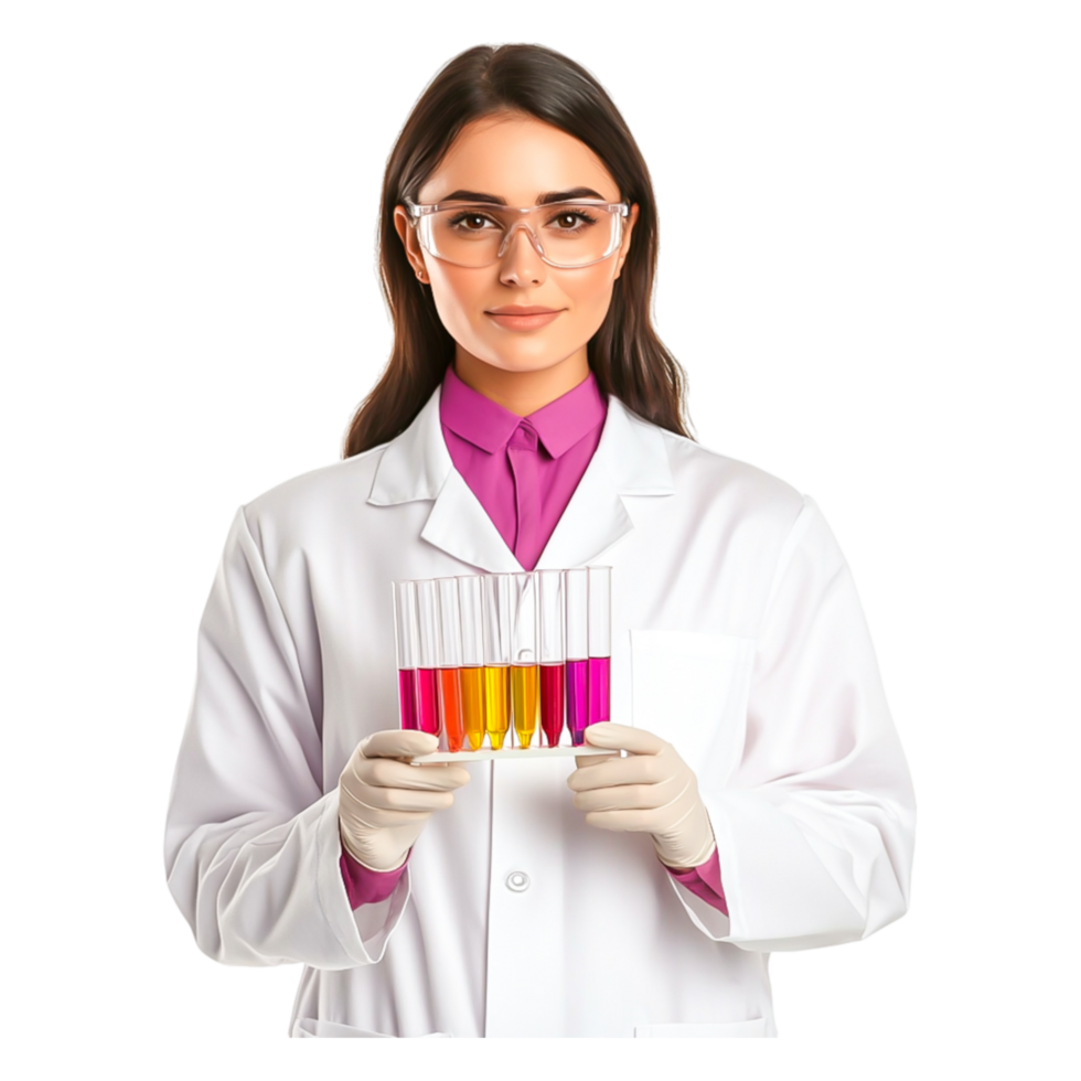 Female Scientist Holding Test Tubes with Colorful Chemicals in Lab png