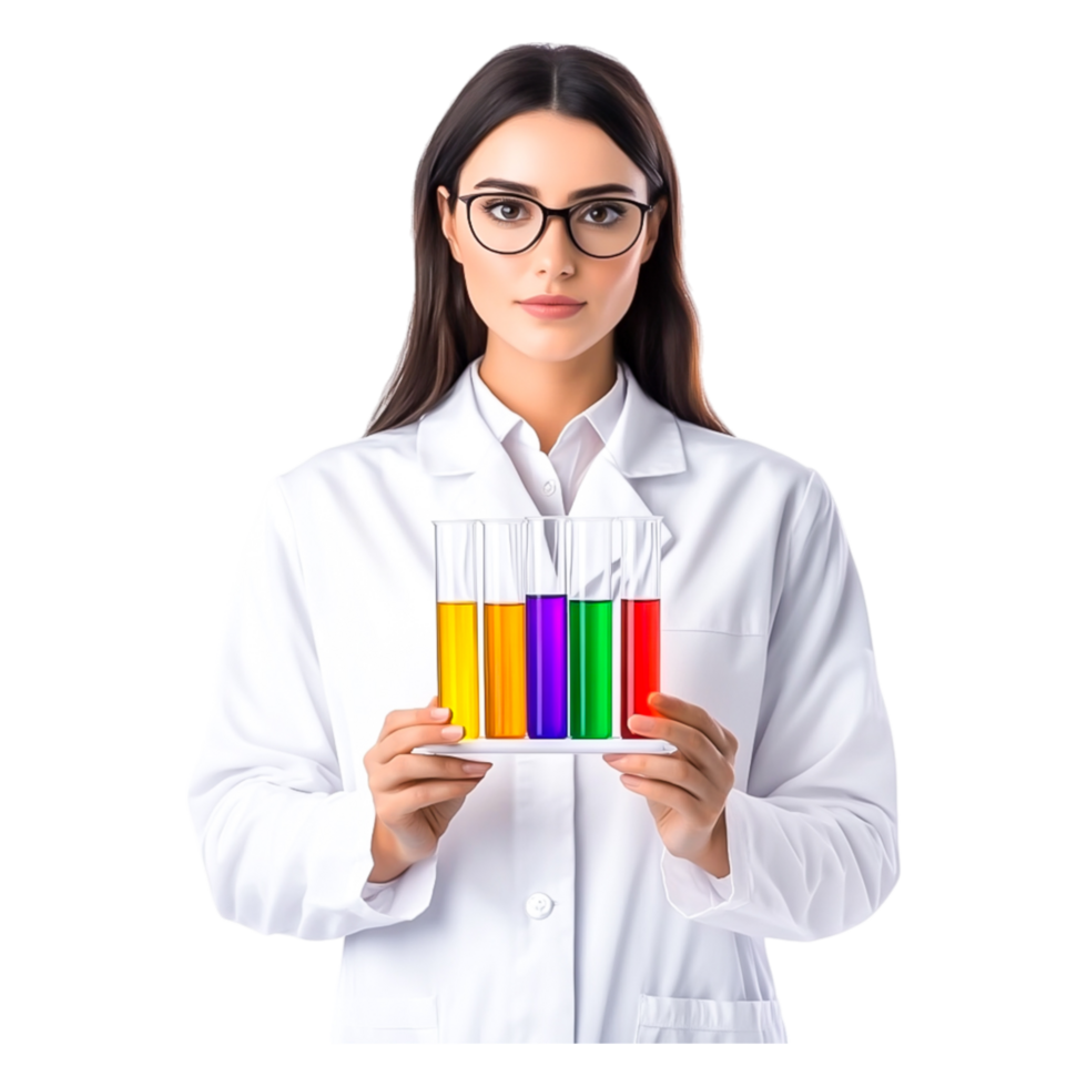 Female Scientist Holding Test Tubes with Colorful Liquids in Laboratory png