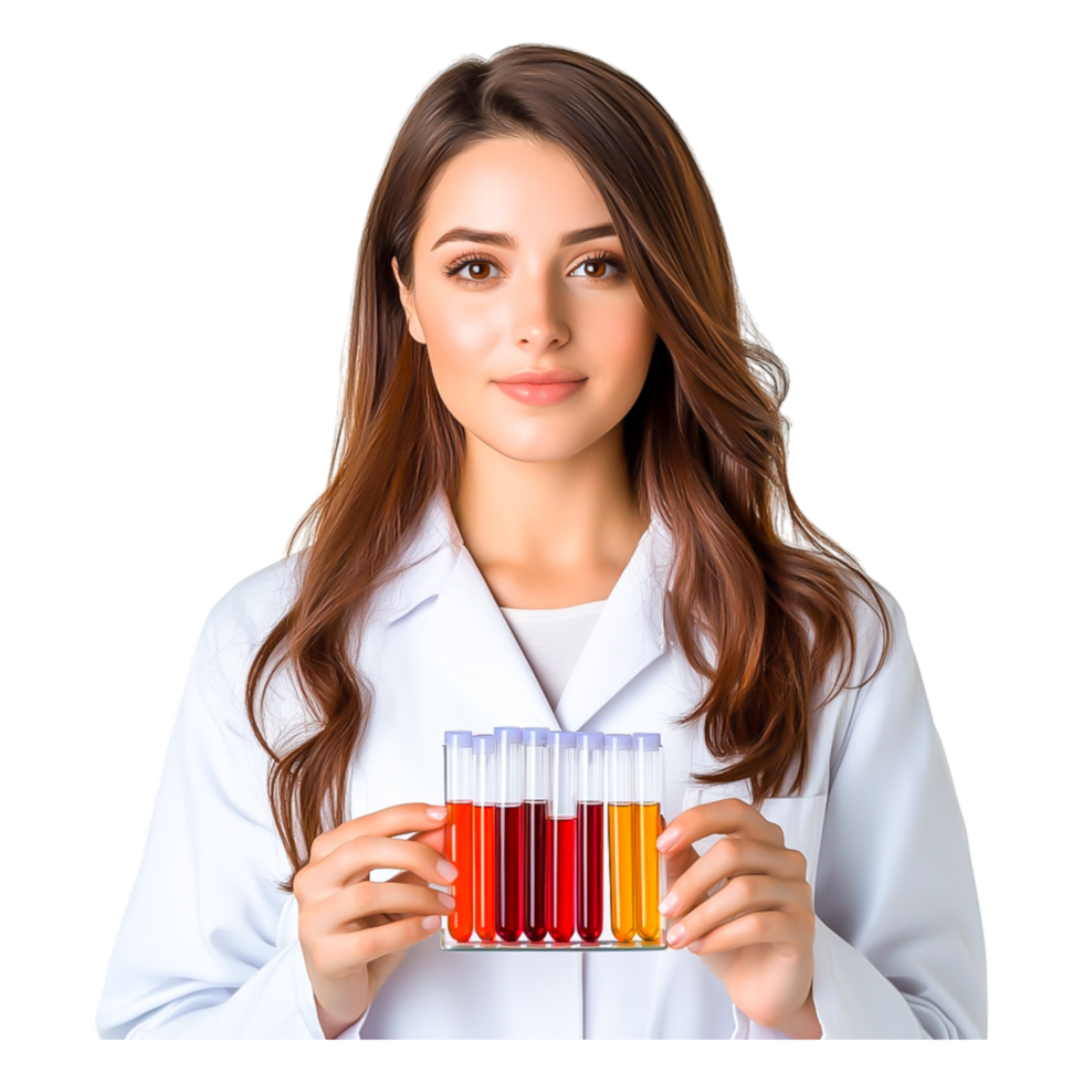 Young Female Scientist Holding Test Tubes with Colorful Solutions png