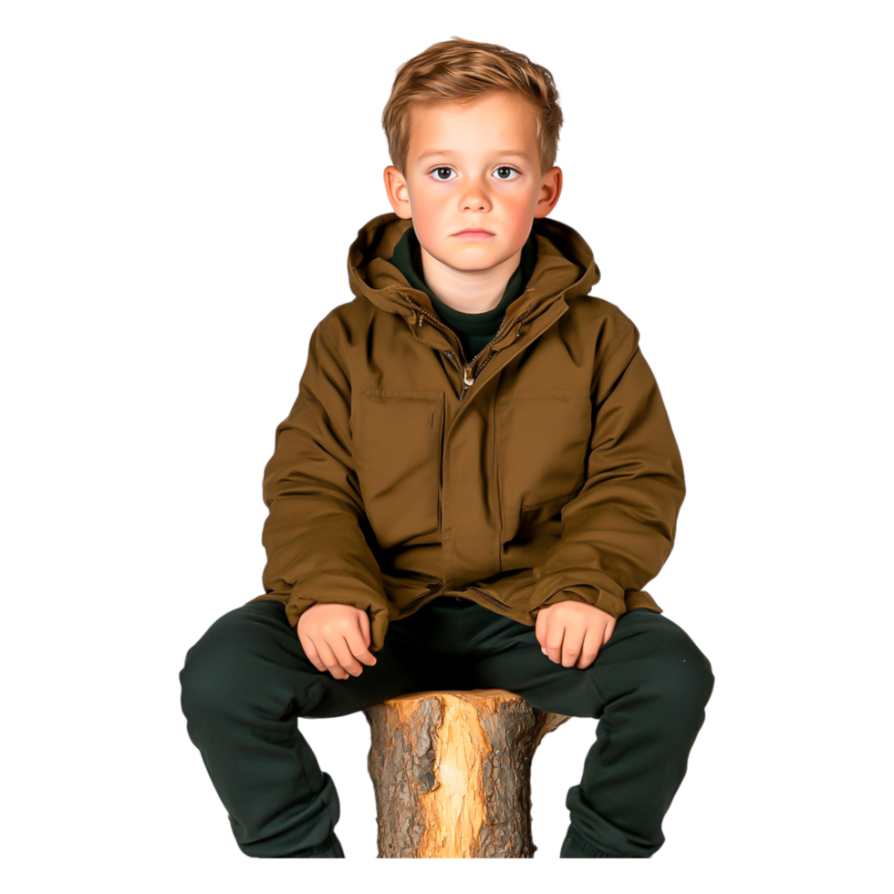 Young Boy Sitting on Tree Stump in Outdoor Adventure Outfit png