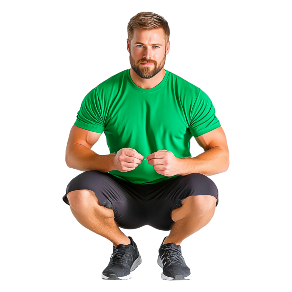 Athletic Man Squatting in Green Shirt and Black Shorts in Action png