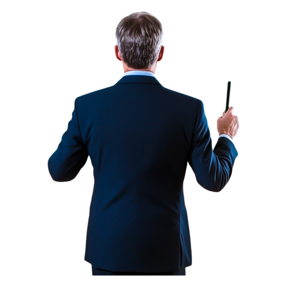 Business Professional in Suit Standing with Pen Facing Away from Camera png