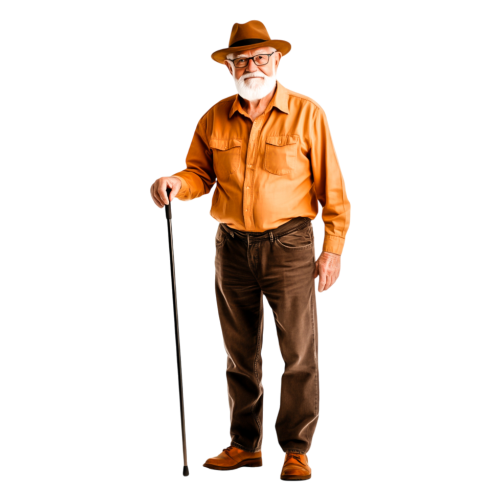 Elderly Man with Cane in Casual Outfit Against png
