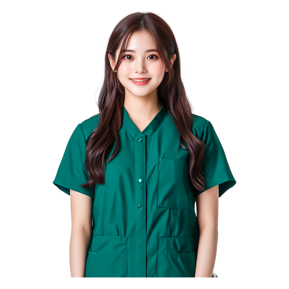 Young Woman in Green Scrubs Smiling Confidently in Studio Setting png