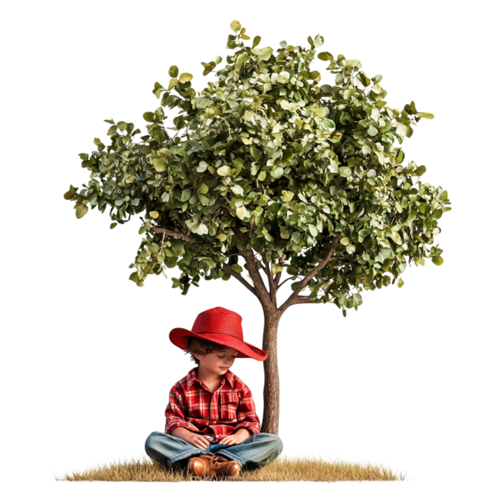 Child Sitting Under Tree Wearing Red Hat and Checkered Shirt png