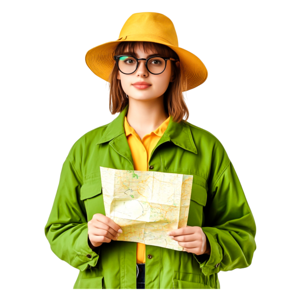 Young woman in yellow hat and green jacket holding a map outdoors png