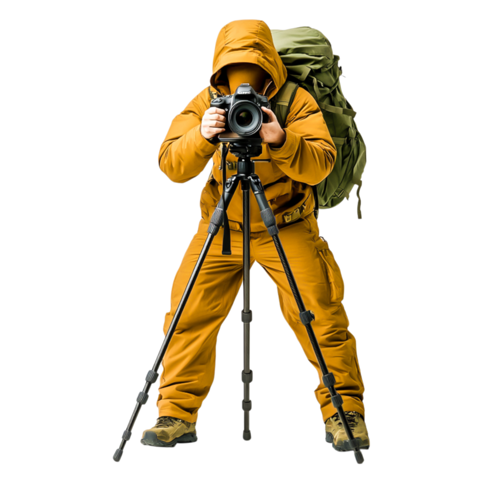 Adventurous Photographer with Camera in Outdoor Exploration Gear png