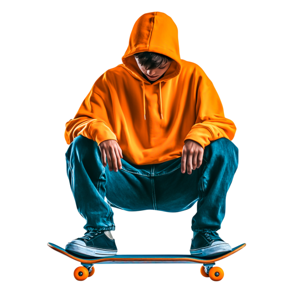 Young Person in Orange Hoodie Sitting on Skateboard Looking Down png