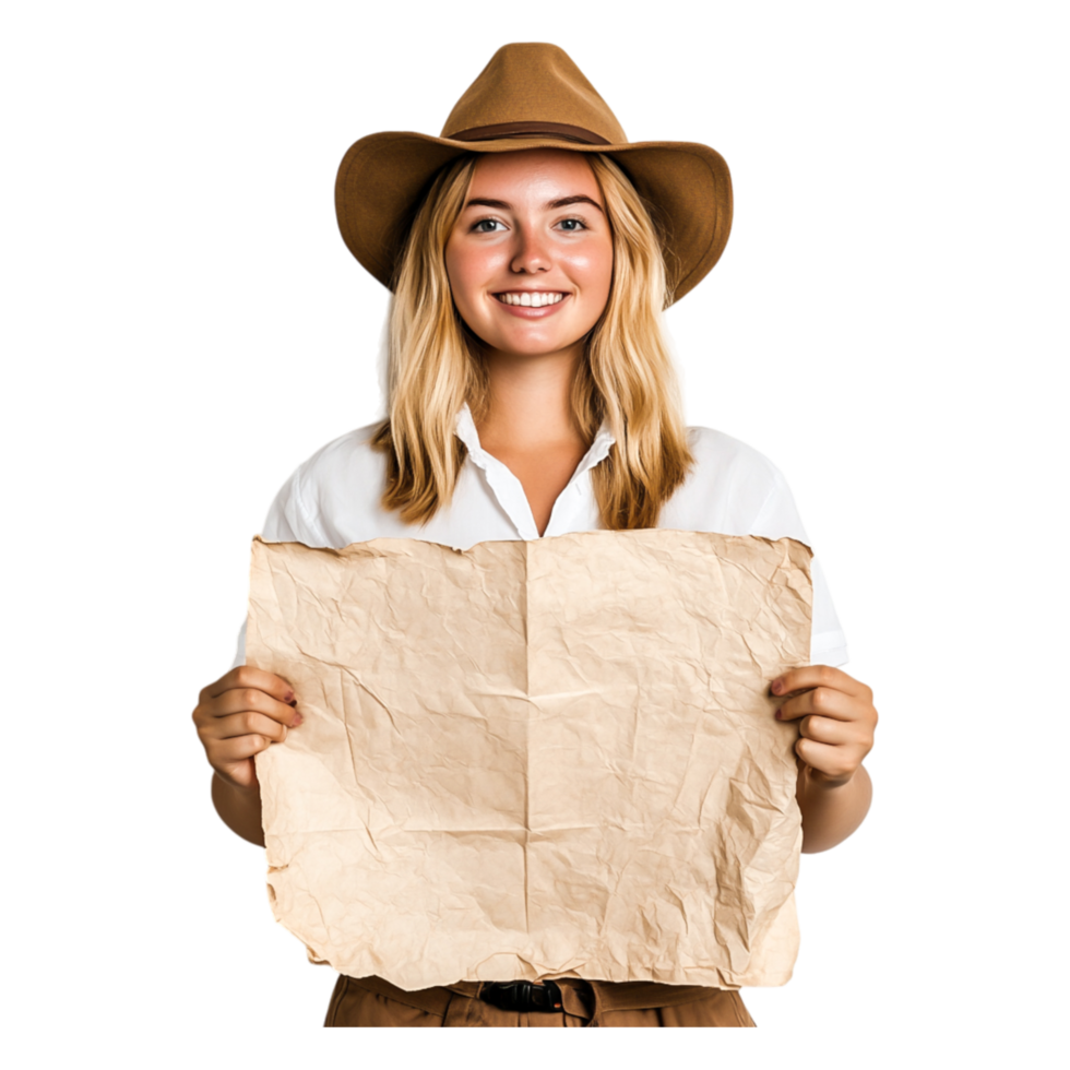Smiling Explorer with Vintage Map and Brown Hat in Natural Light png