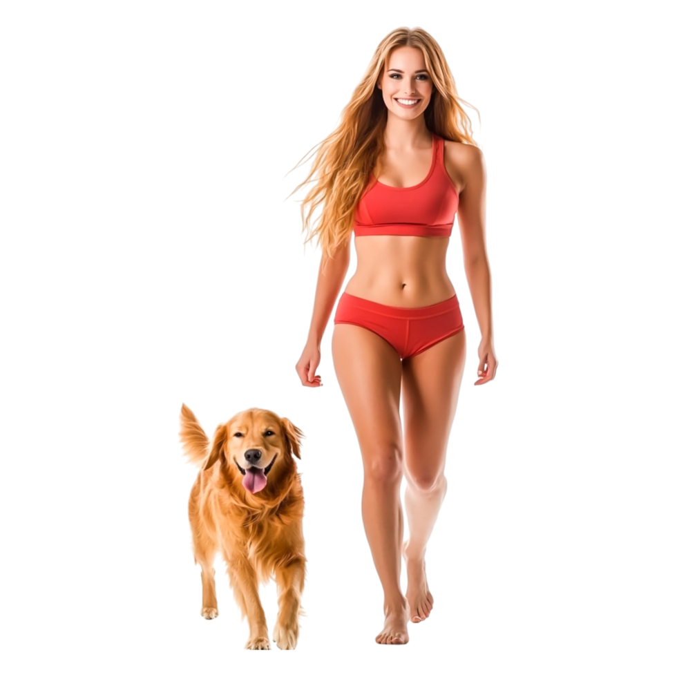 Young Woman in Red Activewear Walking with a Golden Retriever Dog png