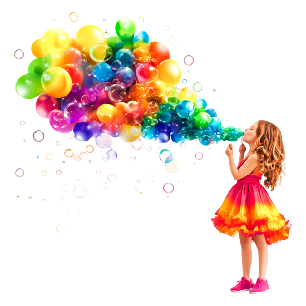 Happy Child With Colorful Bubbles In Vibrant Summer Dress png