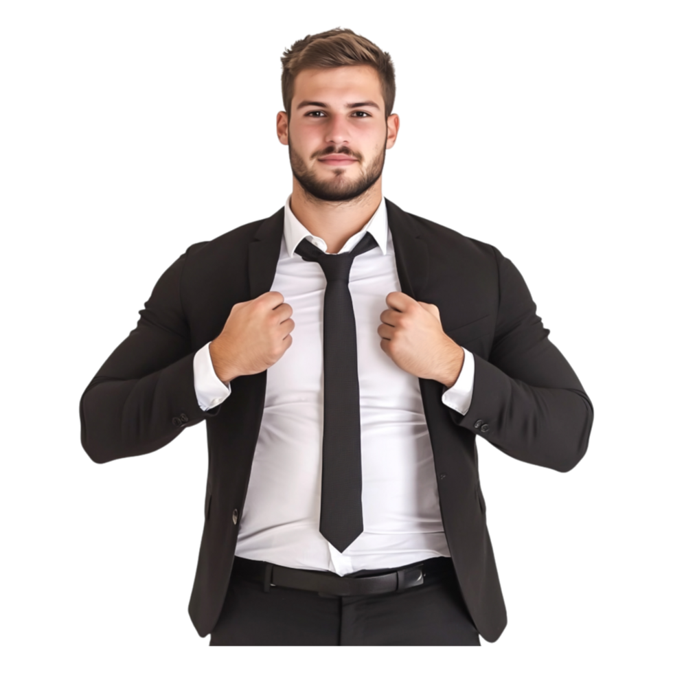 Confident Businessman Adjusting Suit Jacket with Strong Posture png