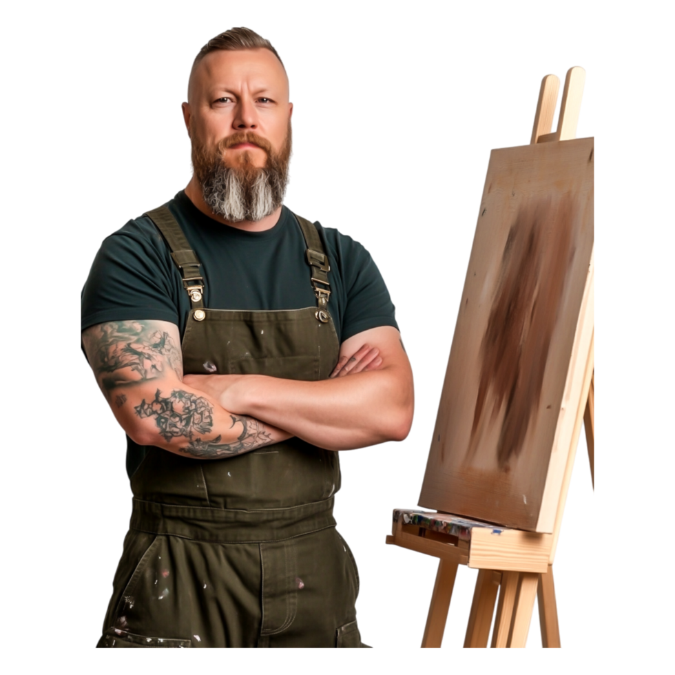 Professional Male Artist Posing with Canvas in Modern Studio Setting png