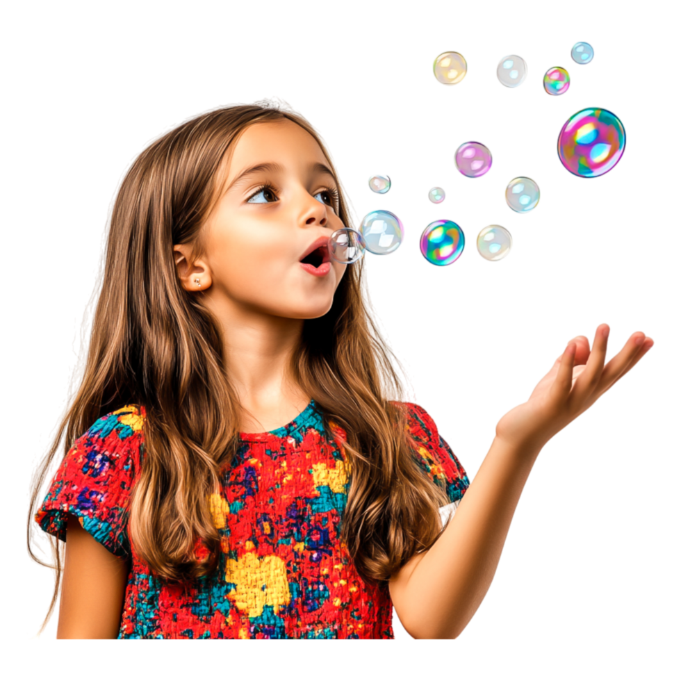 Joyful Girl Blowing Bubbles with Bright Colors in a Playful Scene png