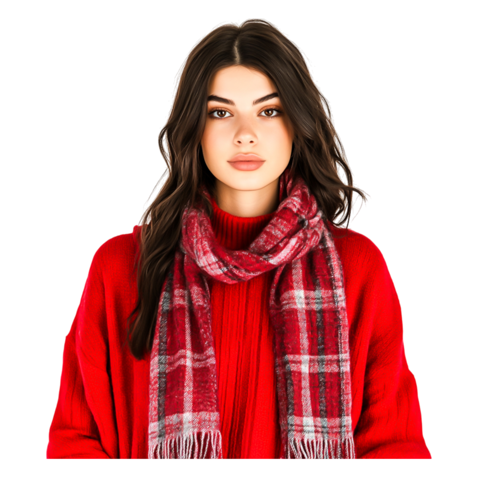 Young Woman in Red Sweater and Scarf With Long Wavy Hair png