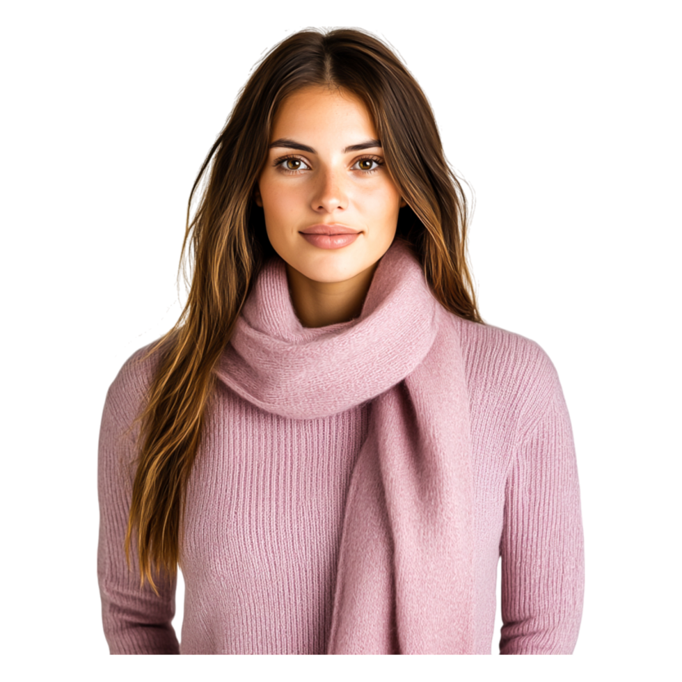 Young Woman in Cozy Sweater and Soft Scarf Smiling at Camera png