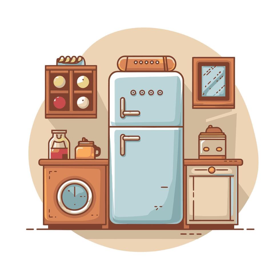 a cartoon kitchen with a refrigerator, microwave, and other items vector