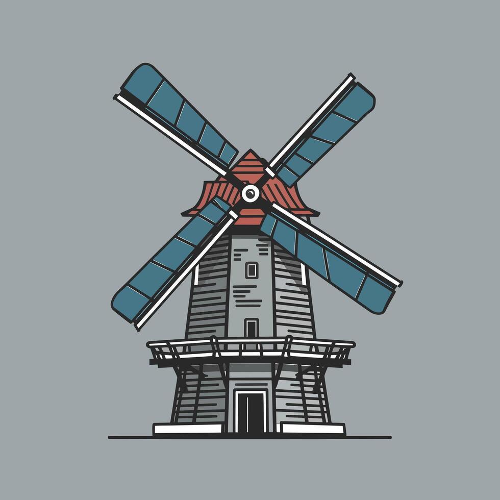 A flat illustration of retro old wooden windmill cartoon drawing vector