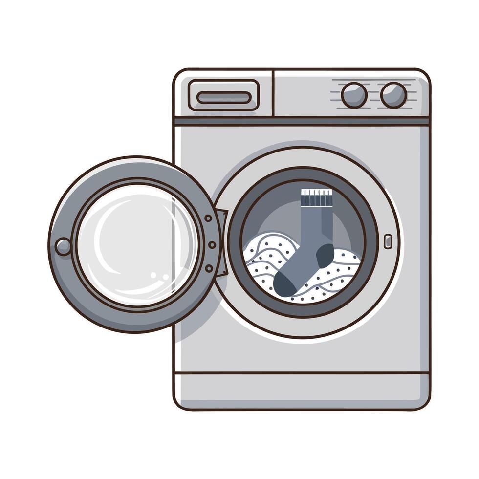 a washing machine with a door open and a load of clothes inside vector