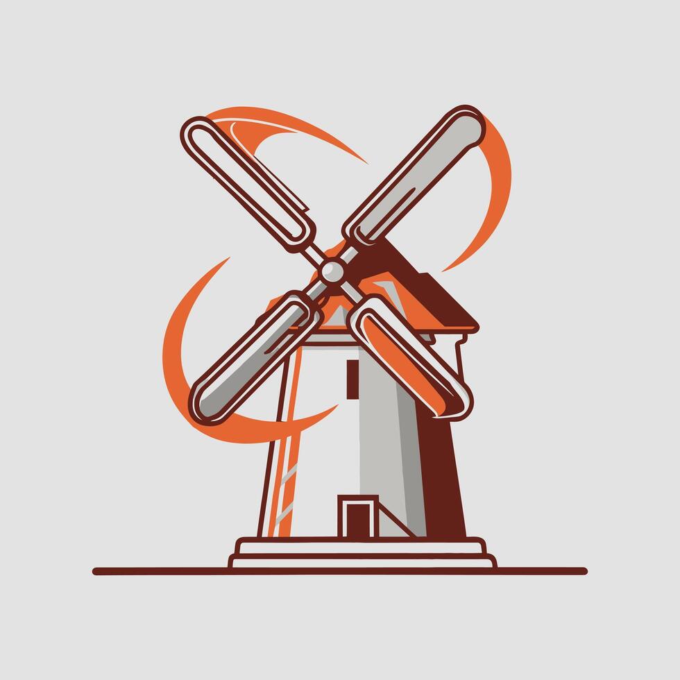 A flat illustration of retro old wooden windmill cartoon vector