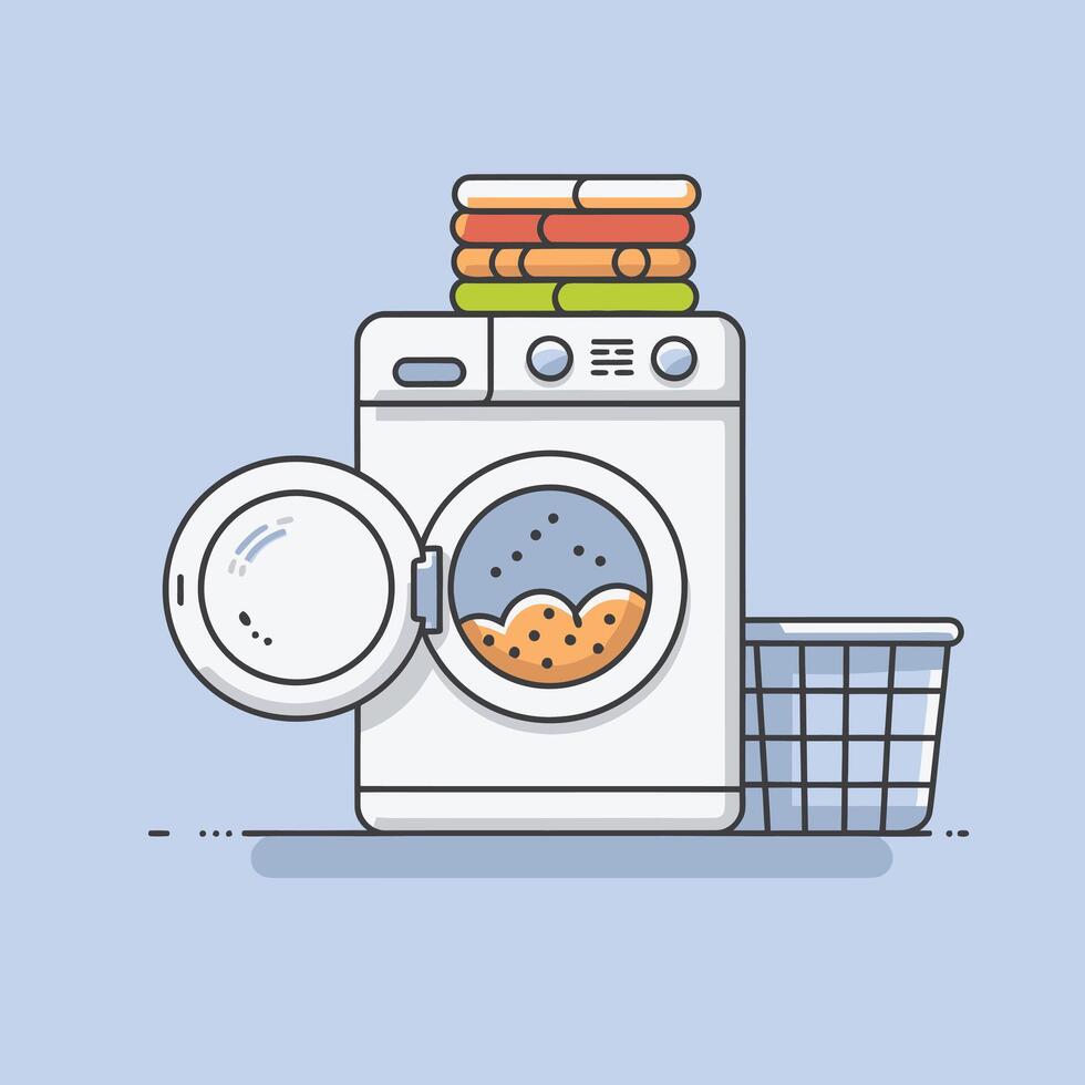 laundry machine with clothes and basket vector