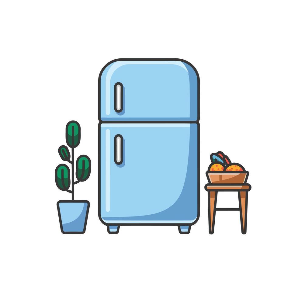 refrigerator and table with plant illustration vector