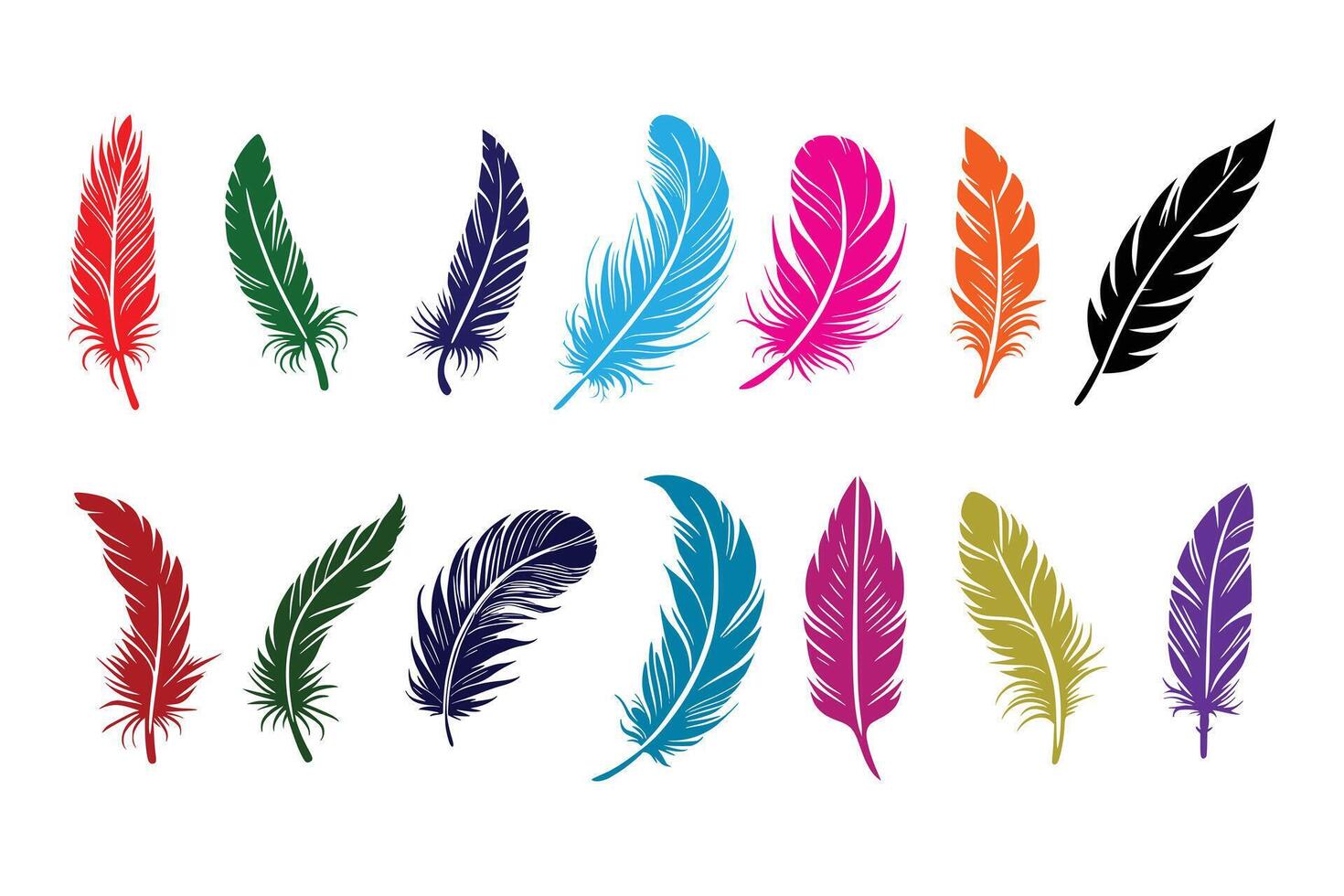 Collection of feather in flat art style. Bird Feather silhouette vector