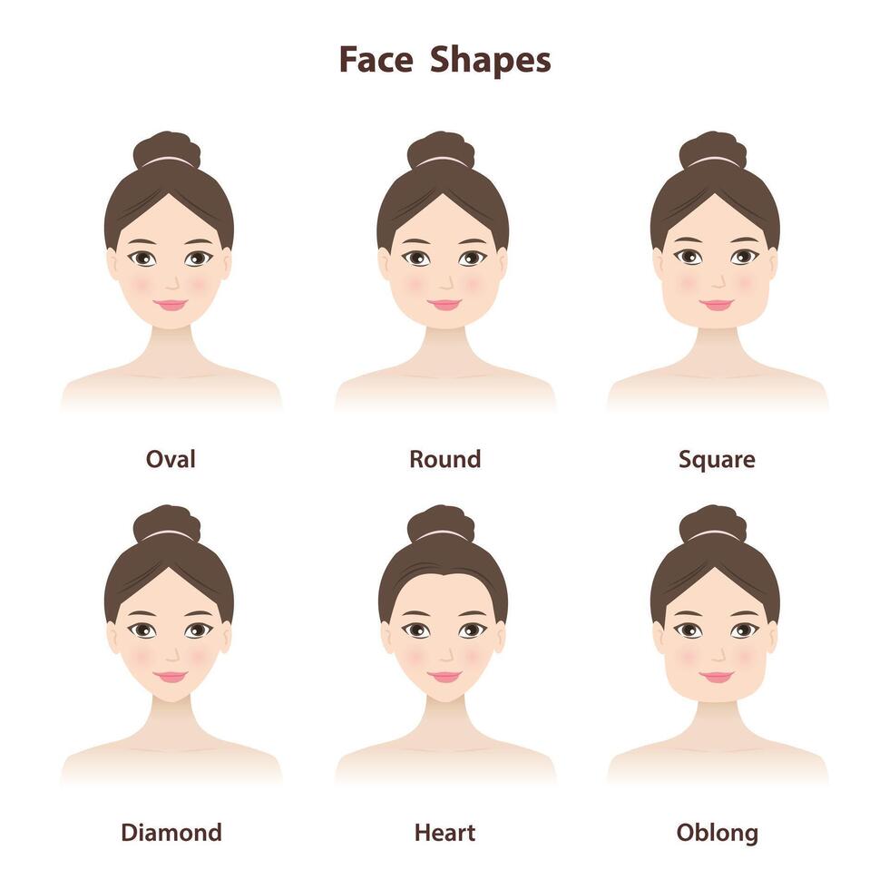 Diagram of basic face shapes illustration isolated on white background. The six most common face shape are oval, round, square, diamond, heart and oblong. Physical characteristic. Physiognomy. vector