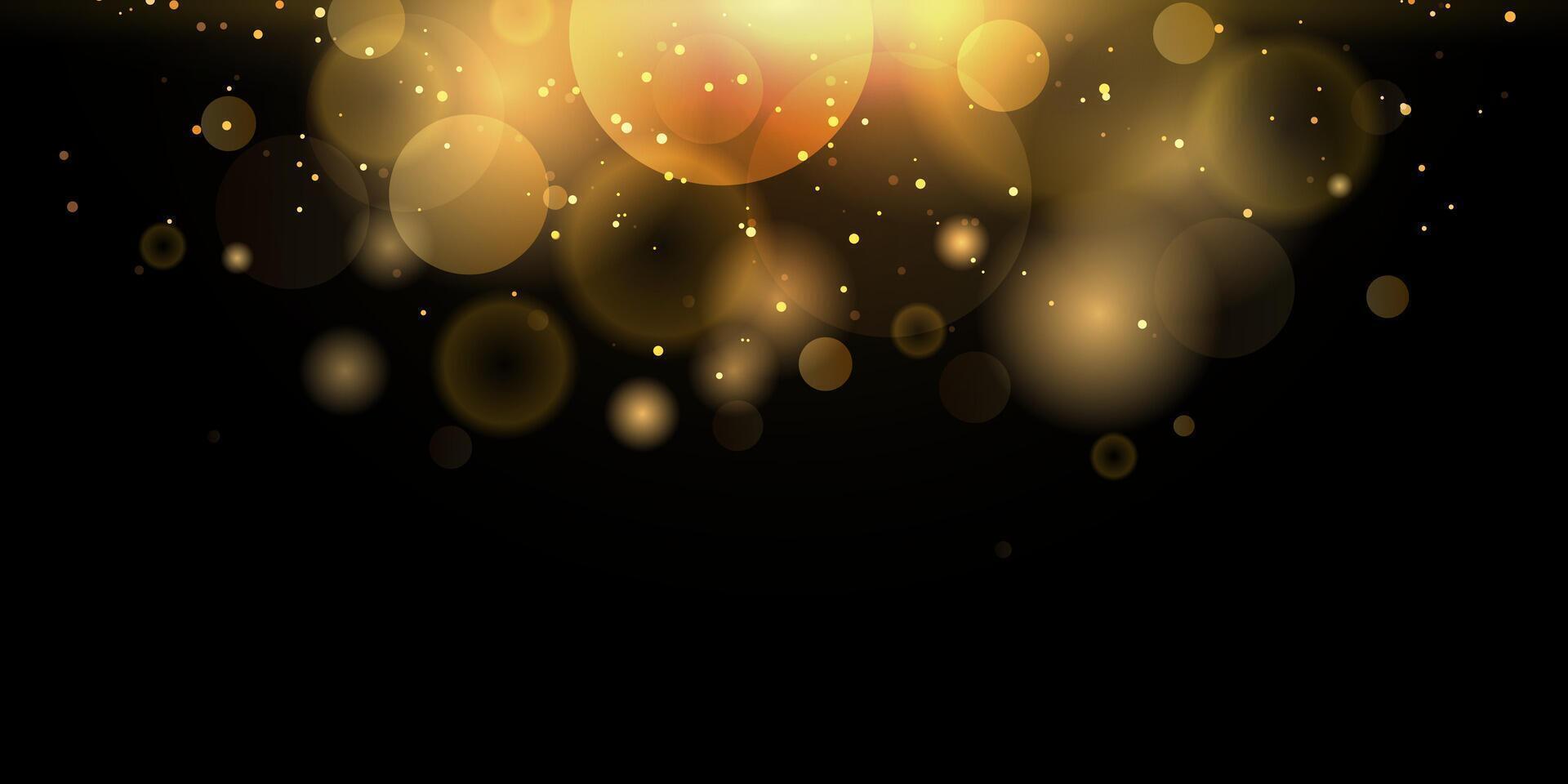 Abstract light bokeh gold glitter on isolated black background. Shiny gold glitter sparkles bokeh vector
