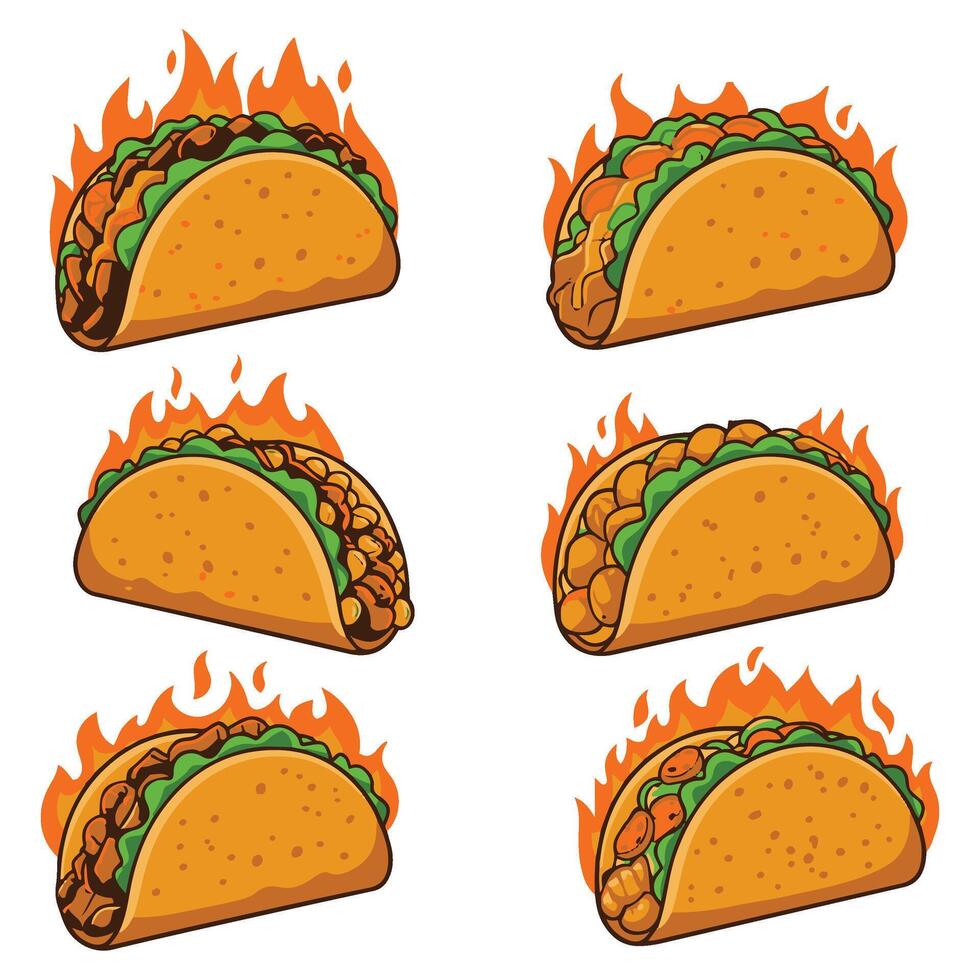 Tacos set Flame Fire Illustration A Colorful and Engaging Artwork for Food Packaging and Digital Media vector
