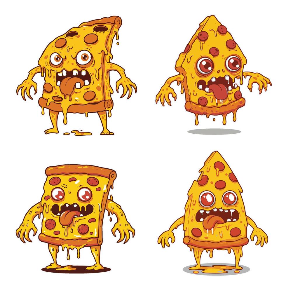 Delicious Angry Looks Cartoon Pizza Slice Set Collection A Tasty and Fuming Pizza Slice with Attitude and Fiery Flavor vector