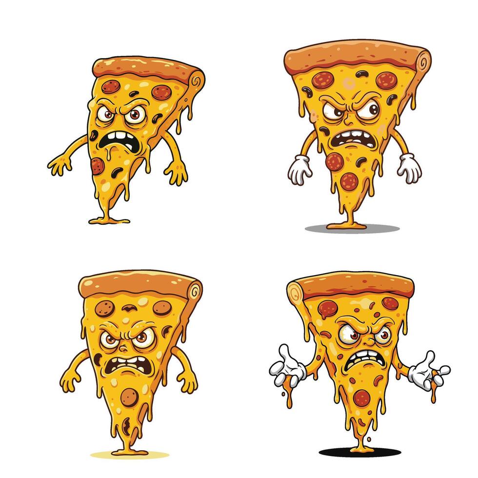 Delicious Angry Looks Cartoon Pizza Slice Set Collection A Fun and Edgy Pizza Artwork Full of Personality vector