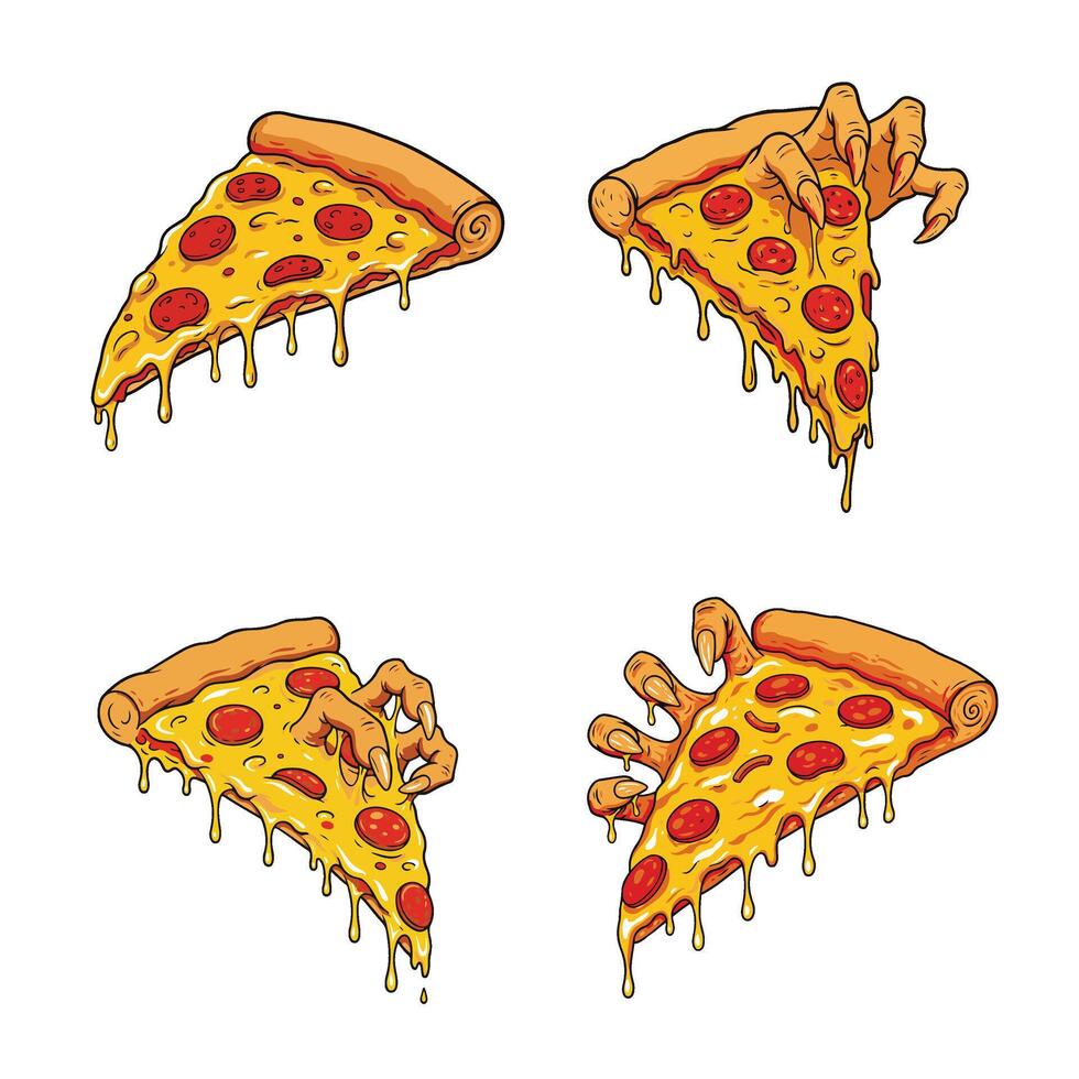 Delicious Angry Looks Cartoon Pizza Slice Set Collection A Lively and Angry Pizza Artwork with Melty Cheese and Toppings vector