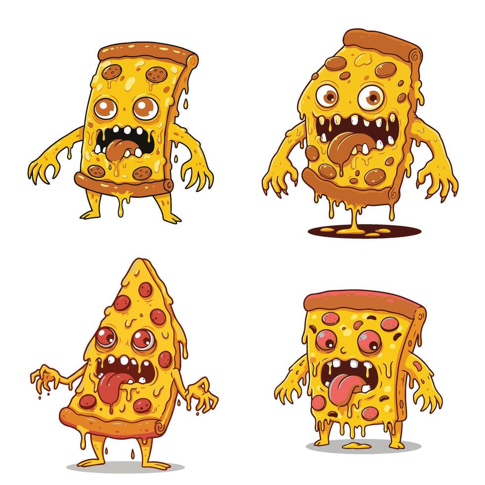 Delicious Angry Looks Cartoon Pizza Slice Set Collection A Vibrant and Eye-Catching Pizza Graphic with Intense Emotions vector