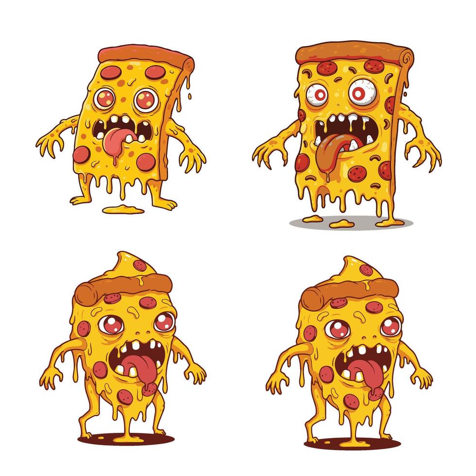 Delicious Angry Looks Cartoon Pizza Slice Set Collection A High-Resolution Pizza Artwork with Expressive and Cartoonish Features vector