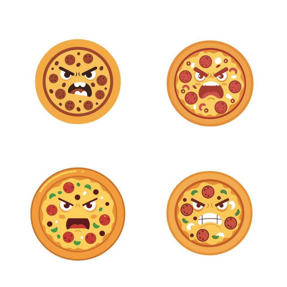 Delicious Angry Looks Cartoon Pizza Slice Set Collection A Unique and Animated Pizza Slice That Brings Food Illustrations to Life vector