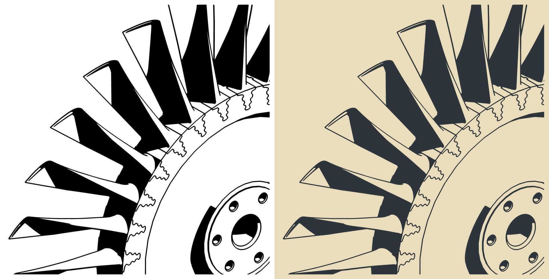 Compressor blisk and turbine blades close-up vector