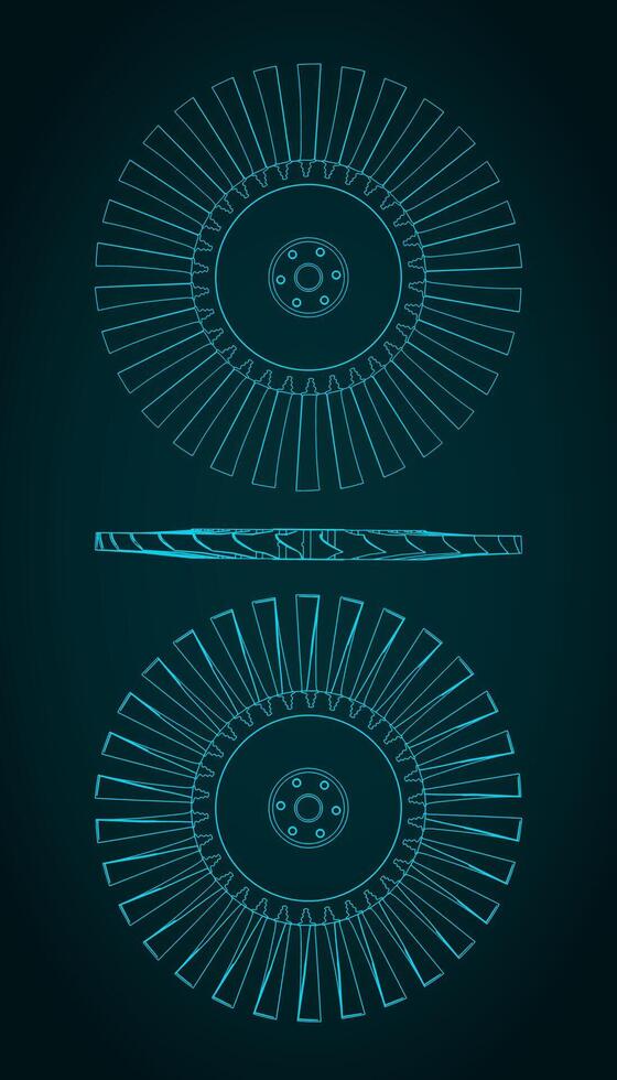 Compressor blisk and turbine blades blueprints illustration vector